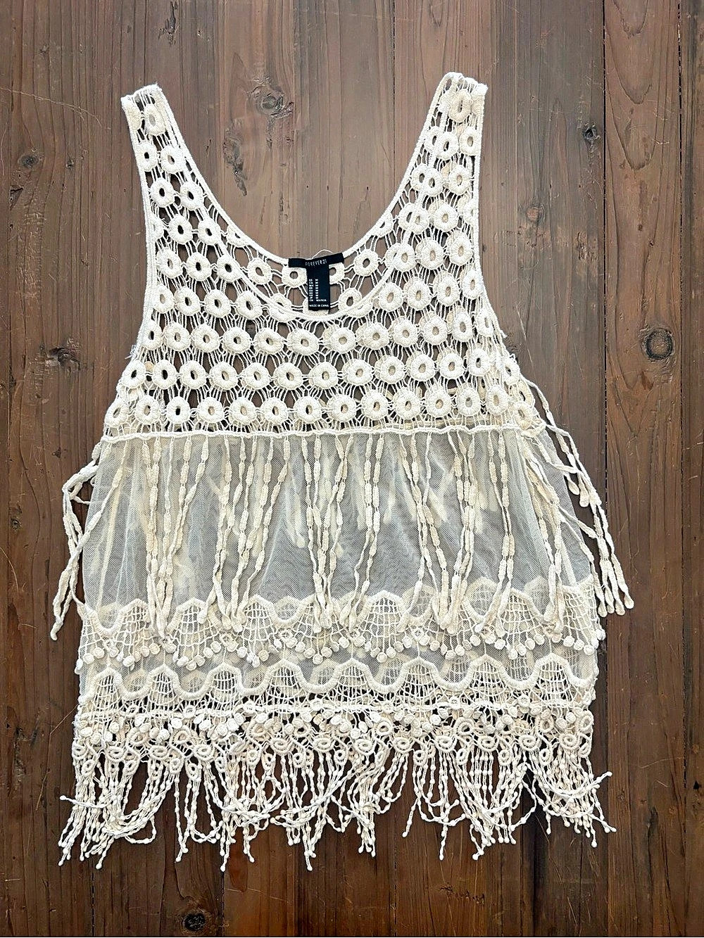 Forever 21 Cream Crochet Lace Fringe Mesh Tank Top - Medium - Never Worn